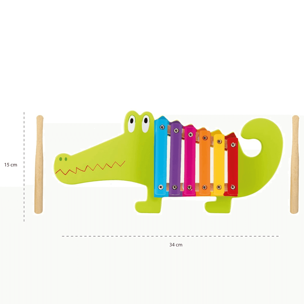 crocodile xylophone with measurements of 34cm x 15cm