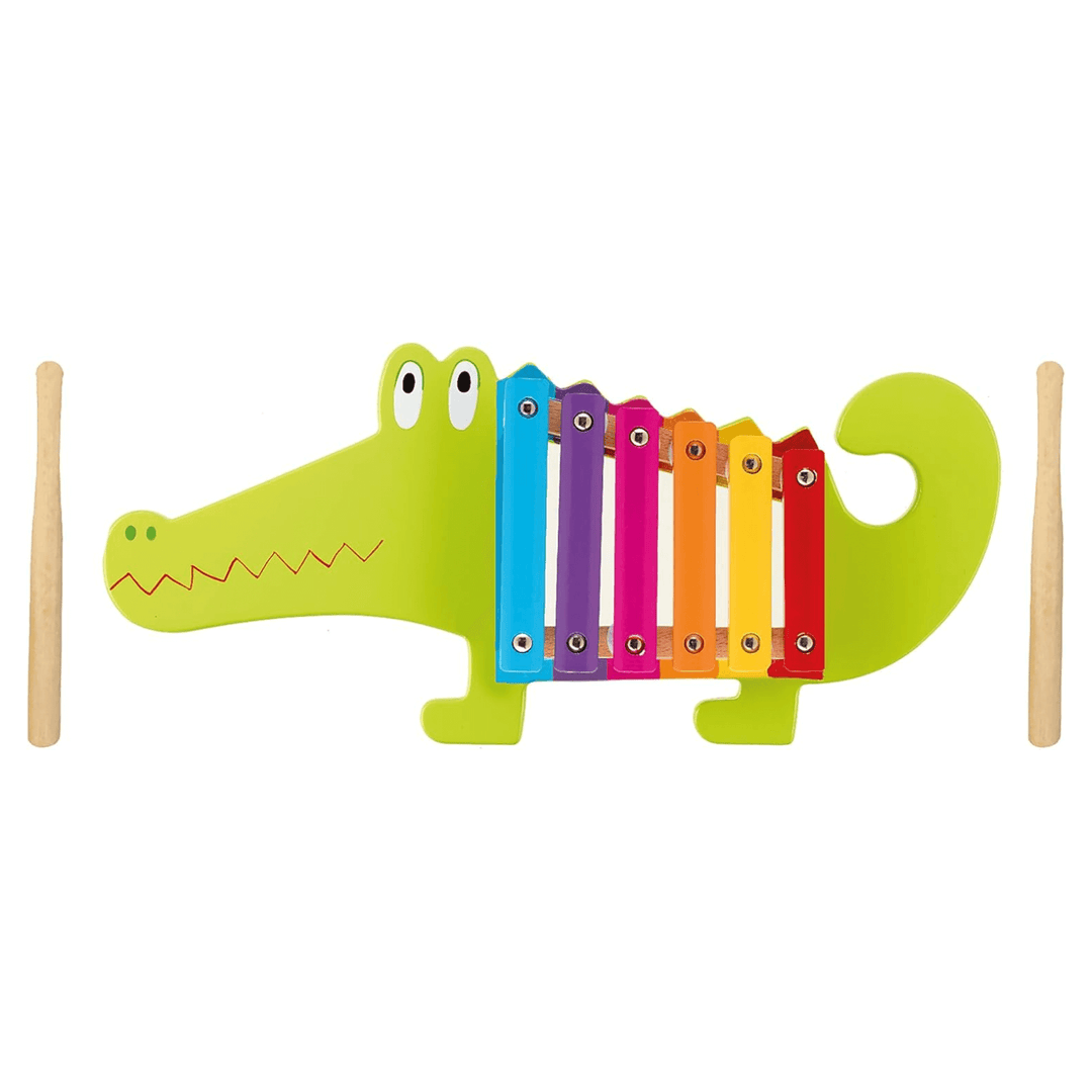 wooden grey and multicoloured crocodile xylophone with two light wood beaters for musical sounds