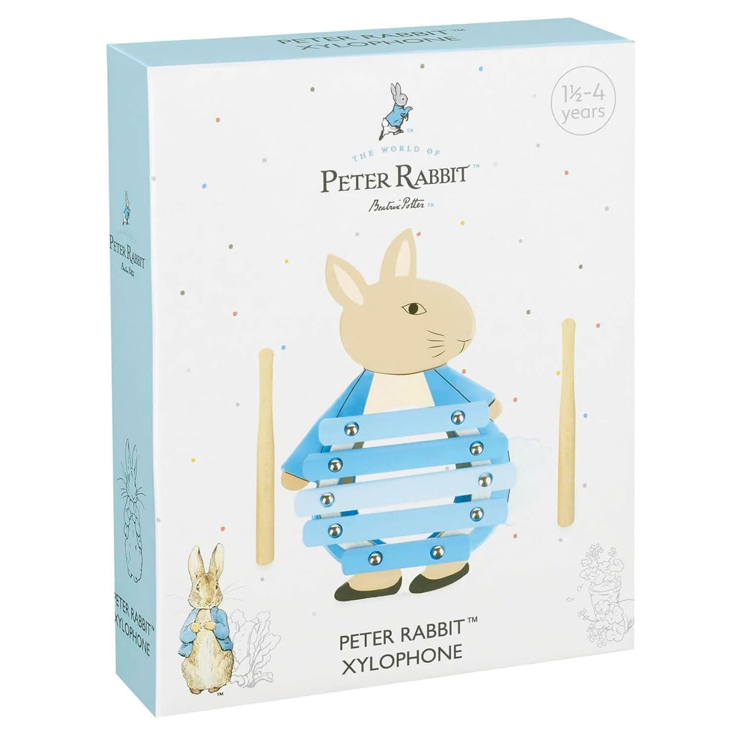 Peter Rabbit shaped xylophone with 2 drumsticks in box packaging