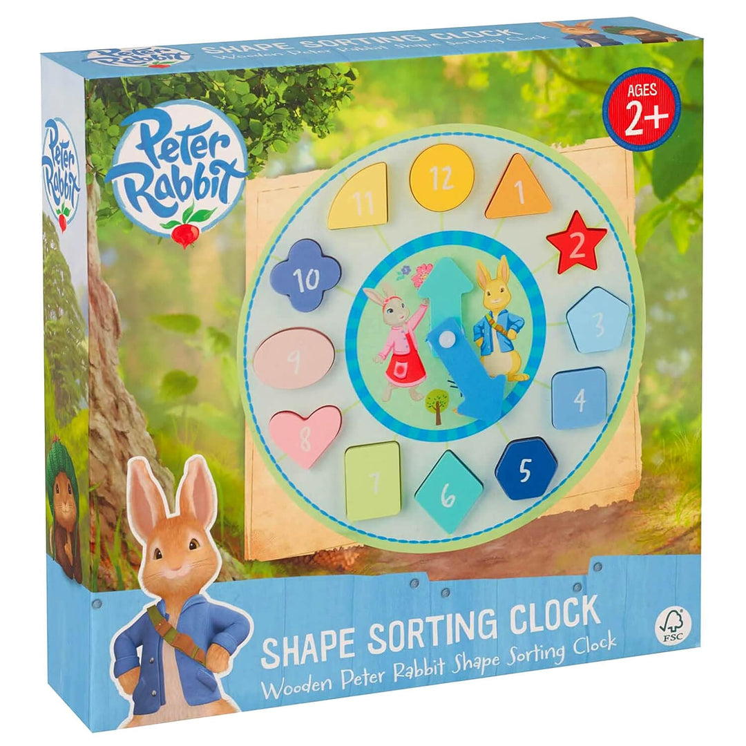 Peter Rabbit Wooden shape sorting clock in box packaging