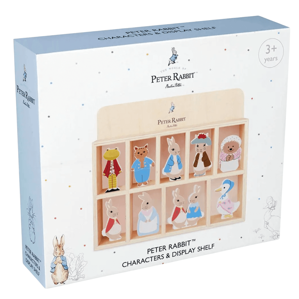 peter rabbit characters and display shelf packaging featuring image of display shelf with polka dot coloured pattern on the packaging