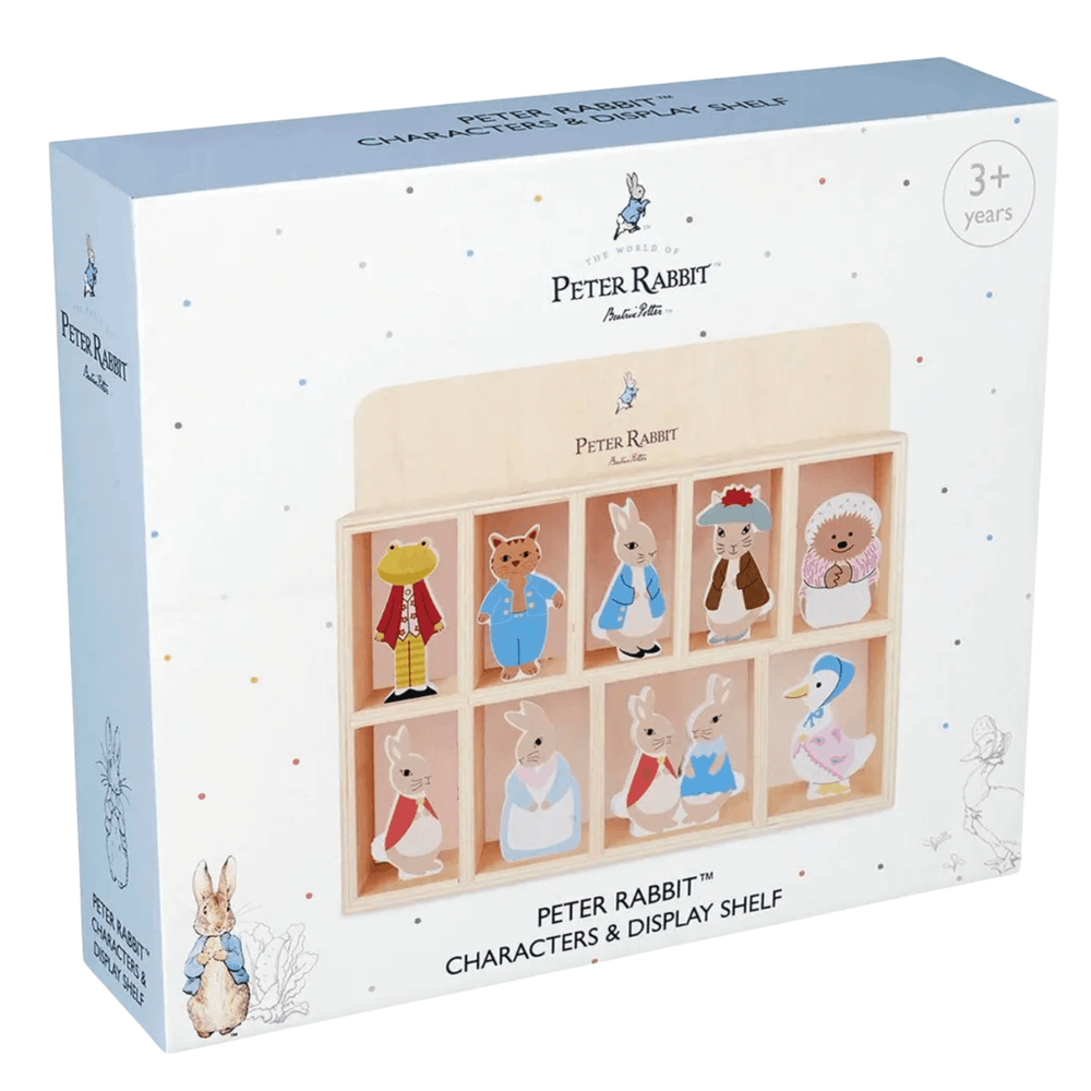 peter rabbit characters and display shelf packaging featuring image of display shelf with polka dot coloured pattern on the packaging