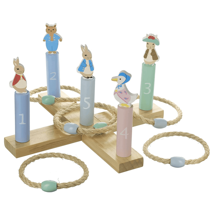 wooden hoopla game with 5 peter rabbit character stands and ropes with coloured wooden beads 