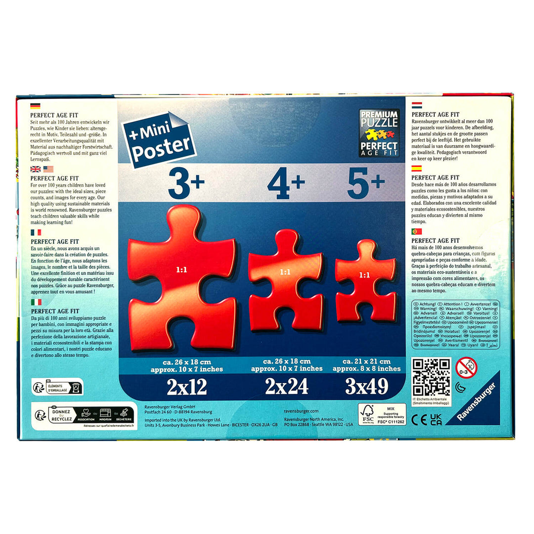 Back of a Ravensburger jigsaw puzzle puzzle box, showing age ratings 3+, 4+, 5+, large red puzzle-piece graphics, and product details on a blue background.
