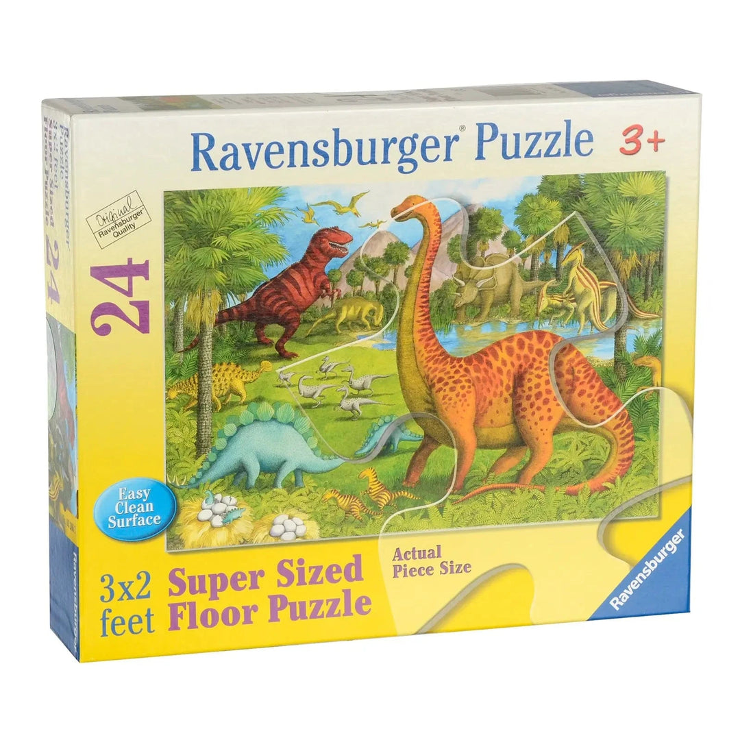 Ravensburger dinosaur puzzle box with colorful illustrations of dinosaurs on a white background