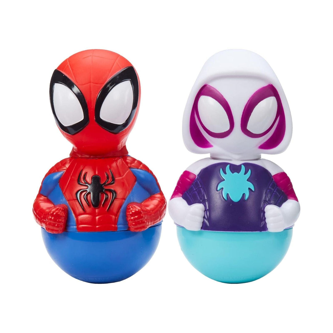 Two spiderman superhero-themed figurines on a white background