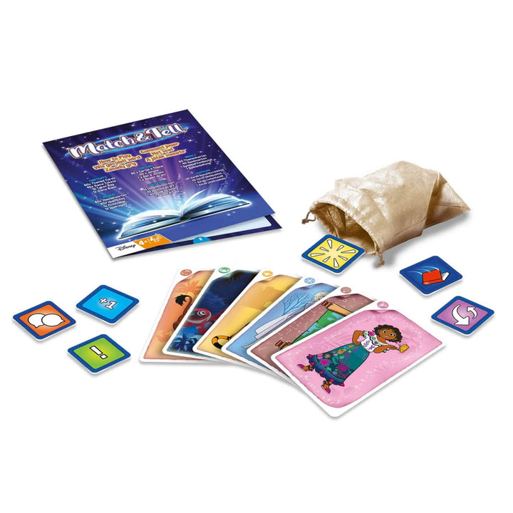Themed cards, tokens, token bag and instructions for Disney Movies story telling game