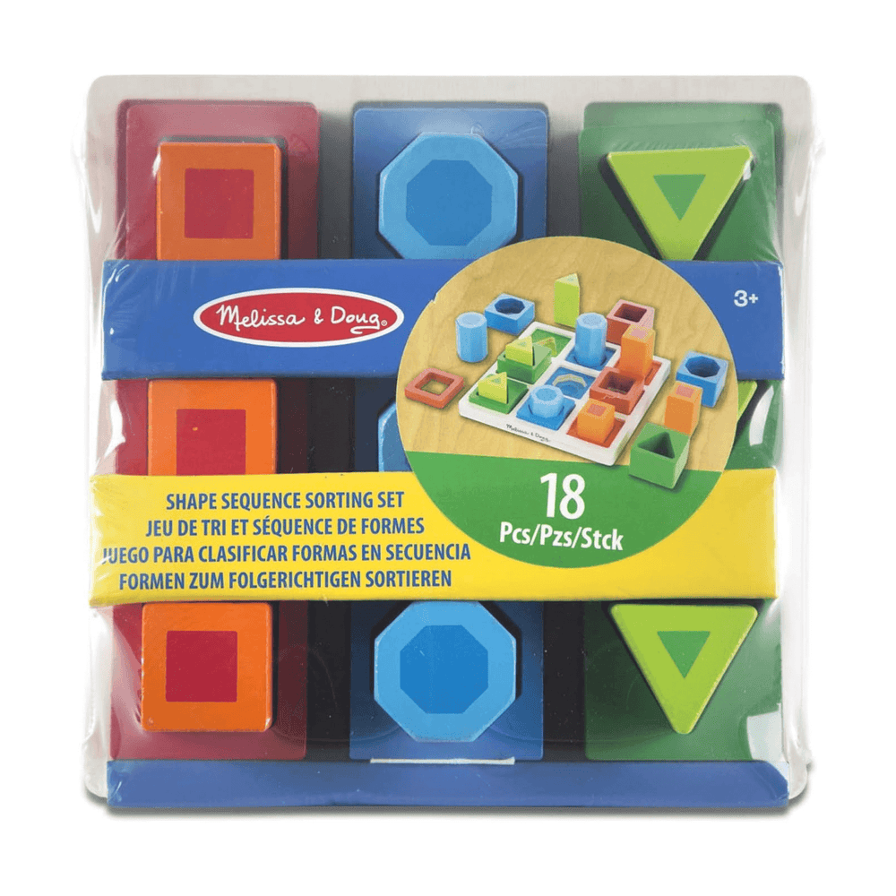 shape sequence sorting set with 18 pieces in total inside plastic packaging with melissa & doug brand logo