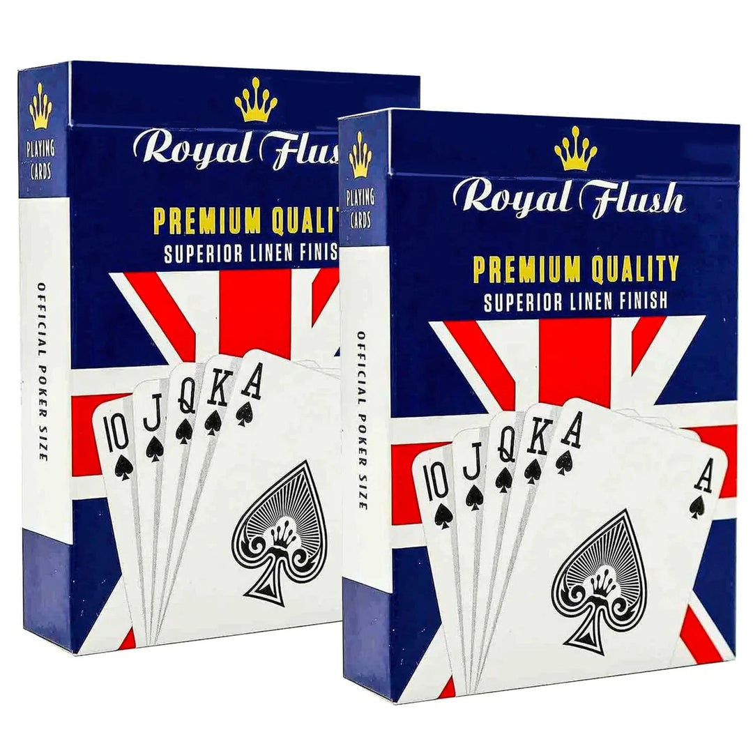 Two boxes of Royal Flush playing cards with Union Jack design on a white background