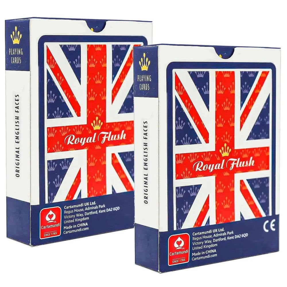 Two boxes of Royal Flush playing cards with a Union Jack design on a white background