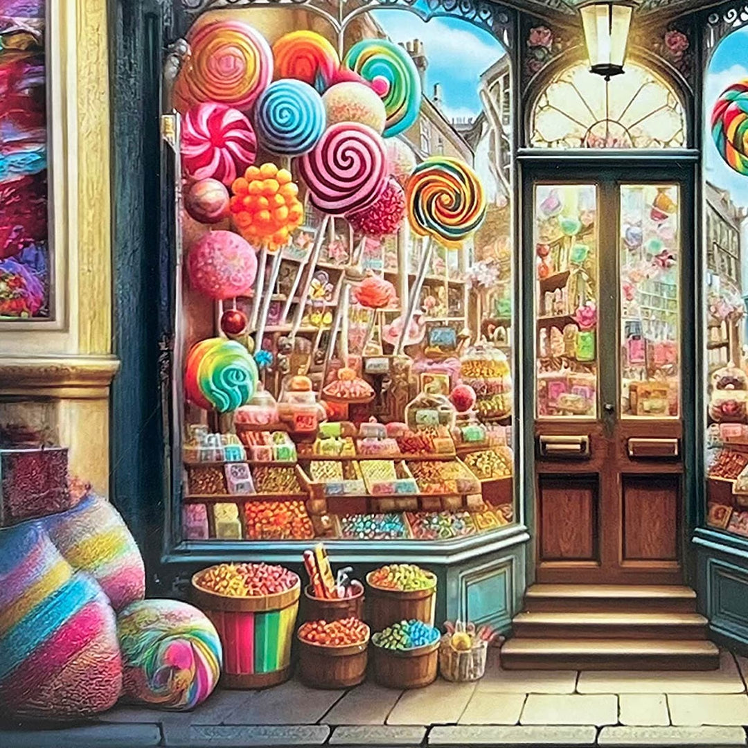 Close up of a vintage style sweet shop picture on a jigsaw puzzle