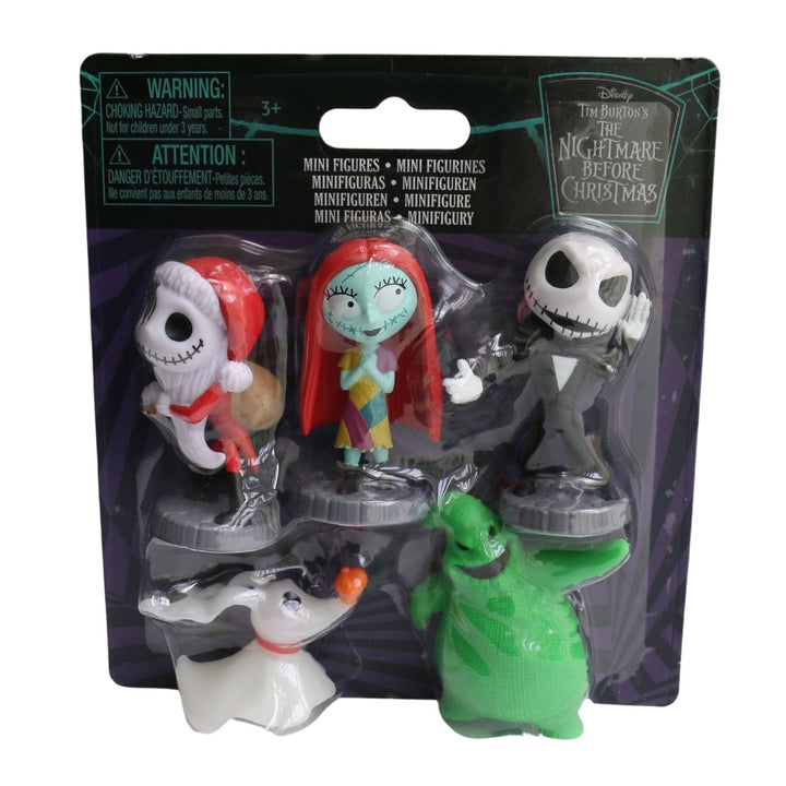 Disney The Nightmare Before Christmas mini figures set in blister packaging, featuring Jack Skellington, Sally, Christmas, and Dog.