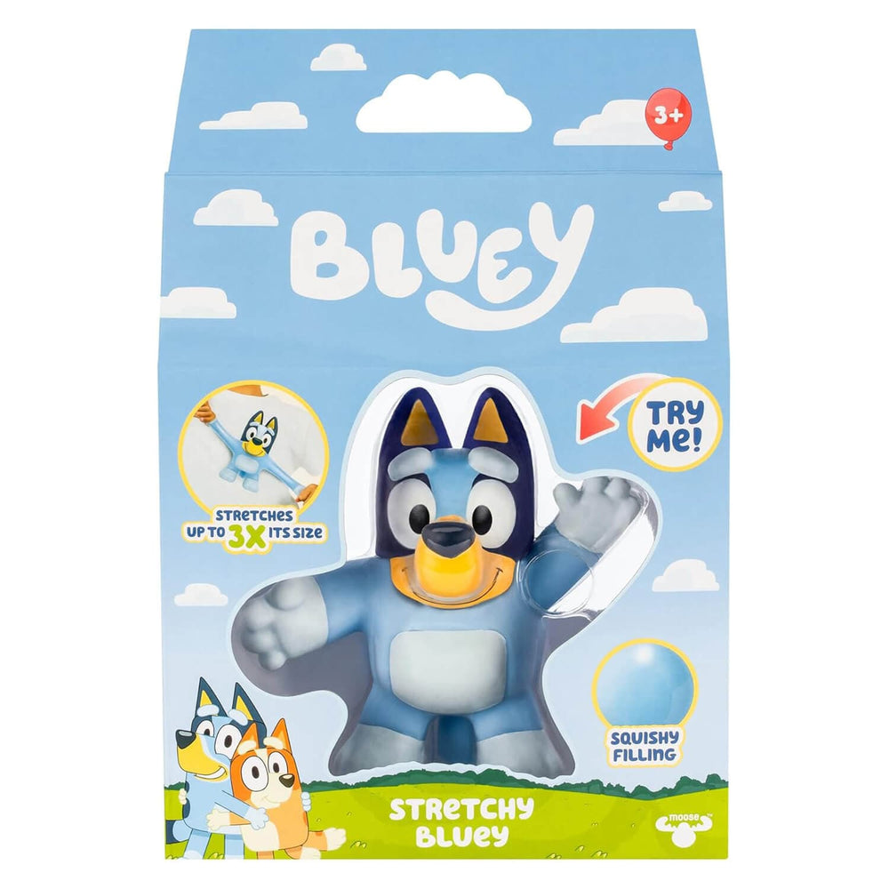 Bluey stretchy toy packaging with cartoon characters on a blue background
