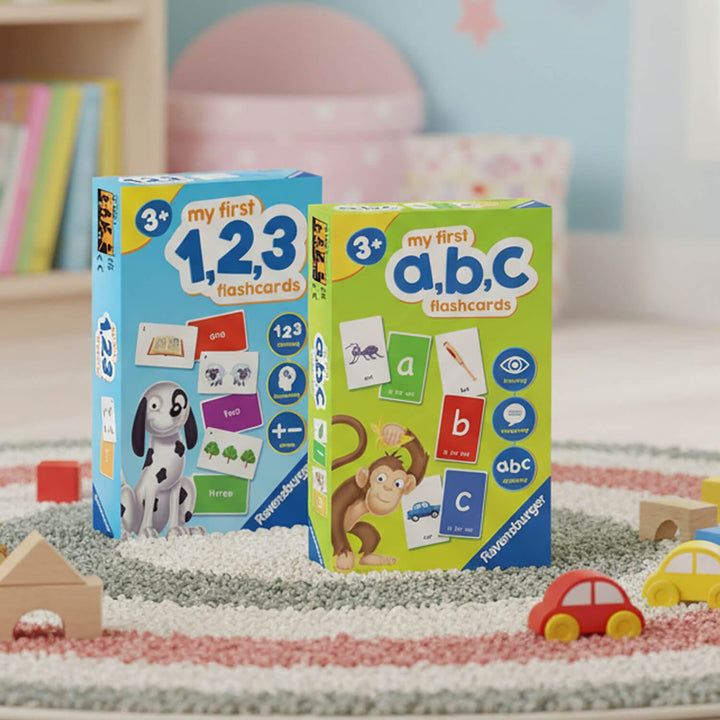 123 and ABC flashcards for kids on a bedroom rug with toys