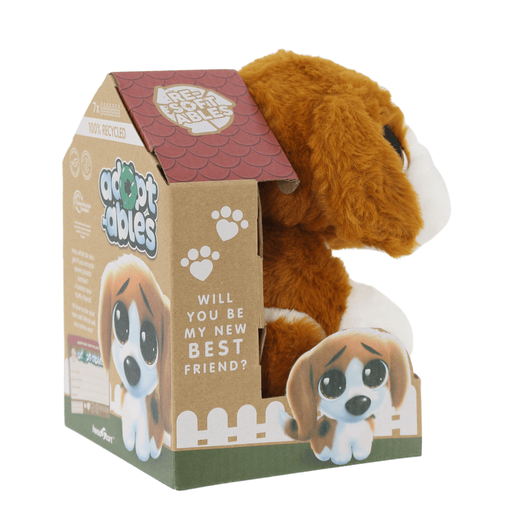 side view of kennel style cardboard packaging of adotable dog toy, with red slated roof graphic and "will you be my new best friend?" written on the side