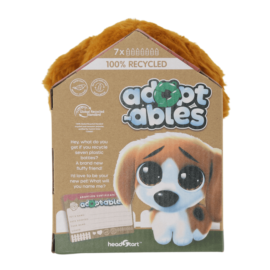 back view of cardboard packaging feature 7x recycled bottle graphic with image of cute dog and adoption certificate included in toy