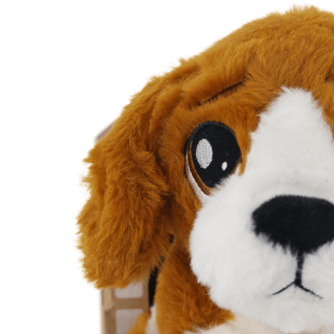 detail shot of resoftables stuffed dog toy with large eyes and soft brown and white faux fur