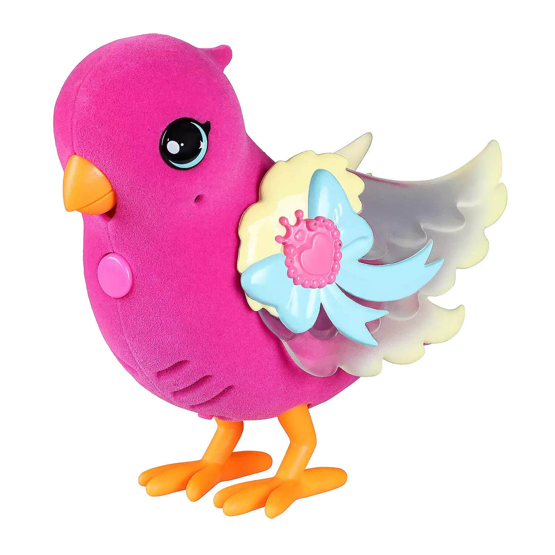 Pink toy bird with button to hear sounds and light up the wings