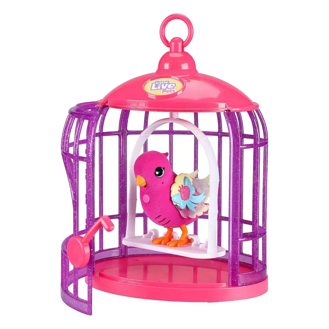 Toy bird in a pink and purple cage with swinging perch