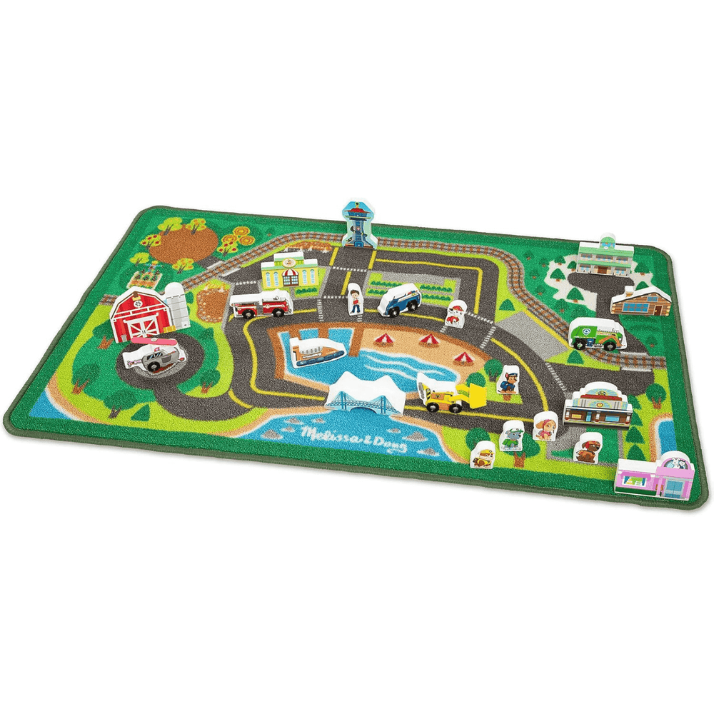 paw patrol activity rug with wooden toys resting on top of different locations of adventure bay on the rug