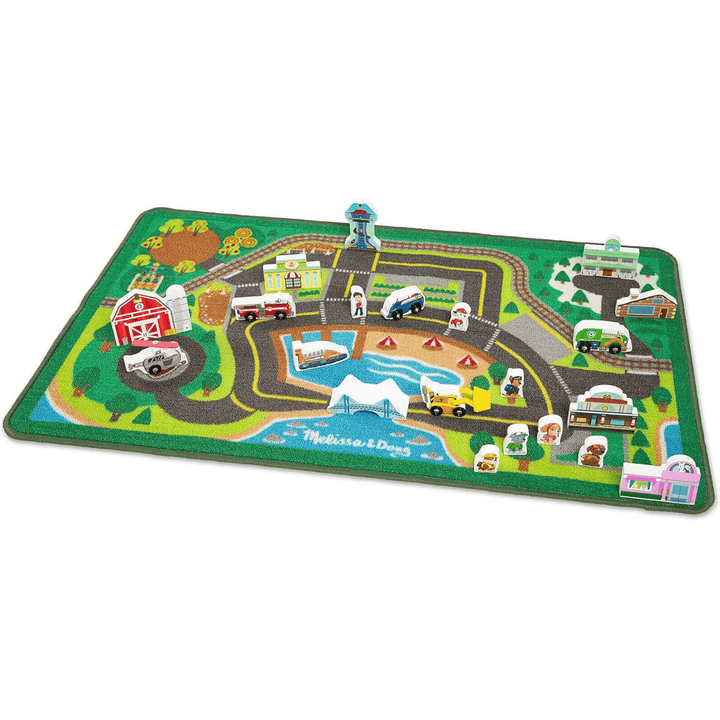 paw patrol activity rug with wooden toys resting on top of different locations of adventure bay on the rug