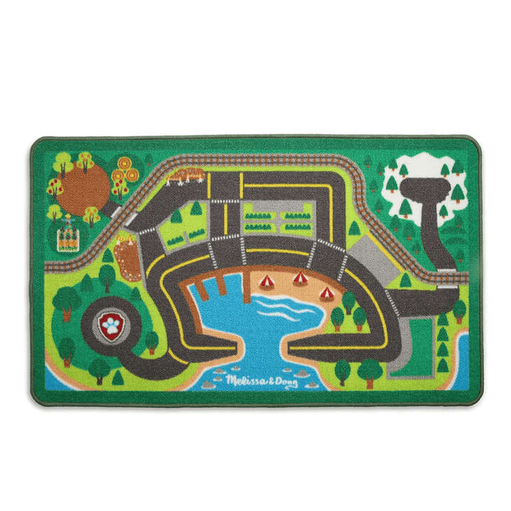 top view of activity rug on white background, featuring paw patrol paw logo, melissa & doug text, park locations, water and roads