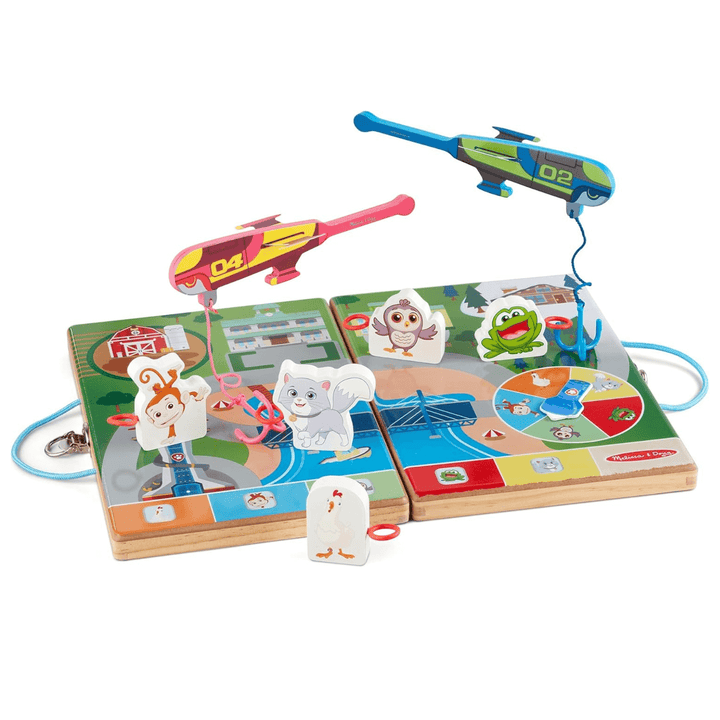 activity board set up for play with wooden characters and plans catching them on the board