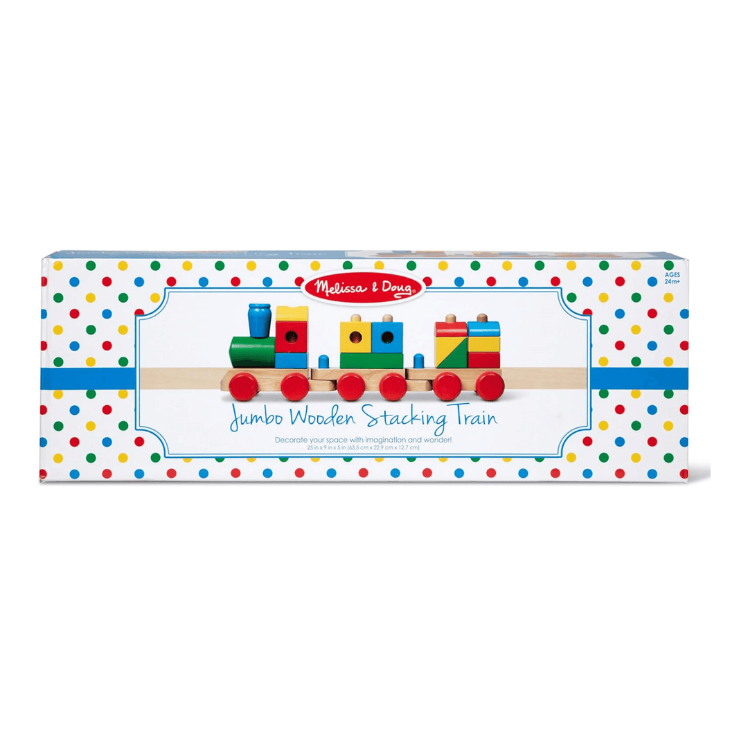 melissa & doug jumbo wooden stacking train cardboard packaging with red, yellow green and blue polka dot pattern on the front ages 24m+