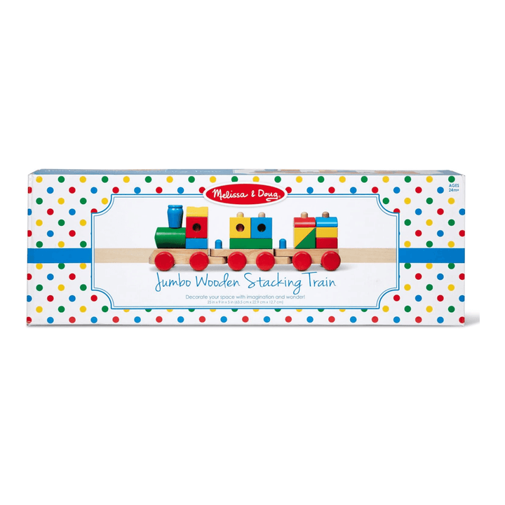 melissa & doug jumbo wooden stacking train cardboard packaging with red, yellow green and blue polka dot pattern on the front ages 24m+