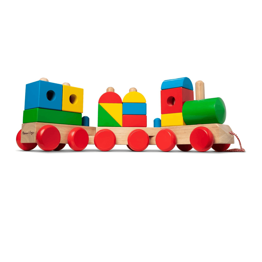 wooden train with melissa & doug branding on the back with yellow, green, blue and red stacking shapes and wheels with a red string to pull