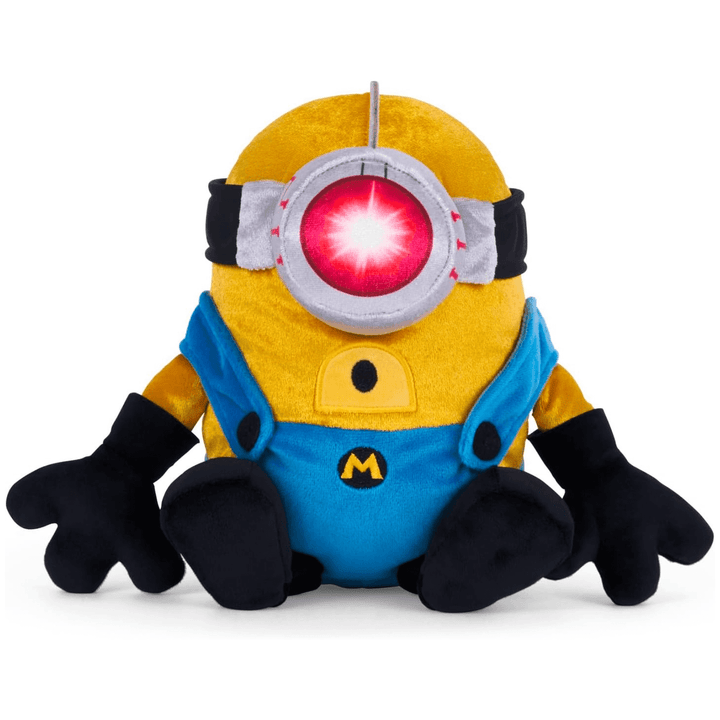 front view of mega mel soft toy with blue plush overalls, 3D googles with red flash style laser light graphic in the centre and black gloves and shoes