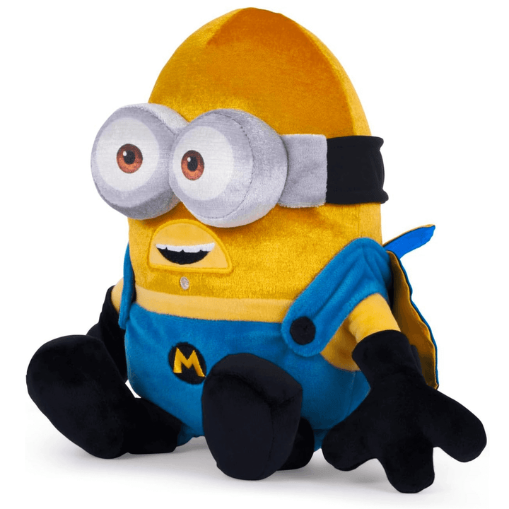 side view of mega gus with 2 3d goggles, superhero cape and blue overalls 