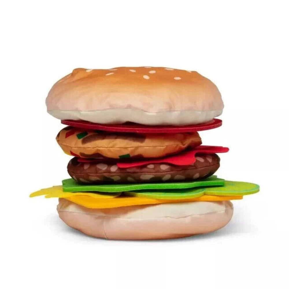 fabric burger pieces stacked together to create a fun sensory burger