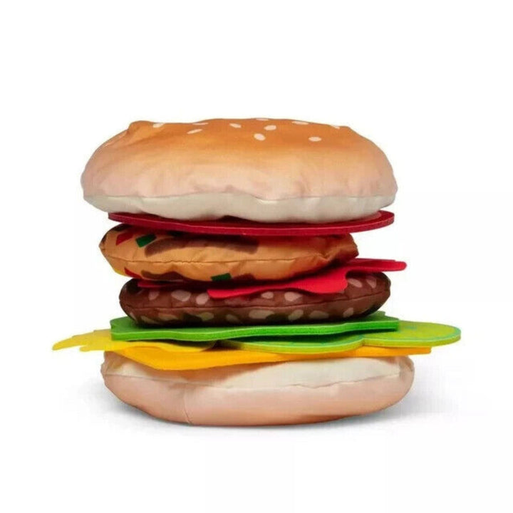 fabric burger pieces stacked together to create a fun sensory burger