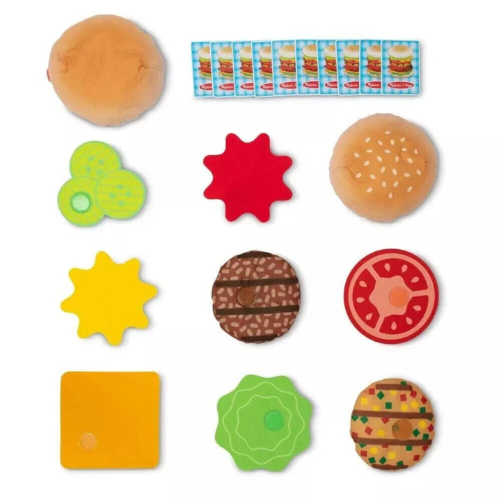 includes pieces featuring burger buns, cucumber slices, patty and playing cards