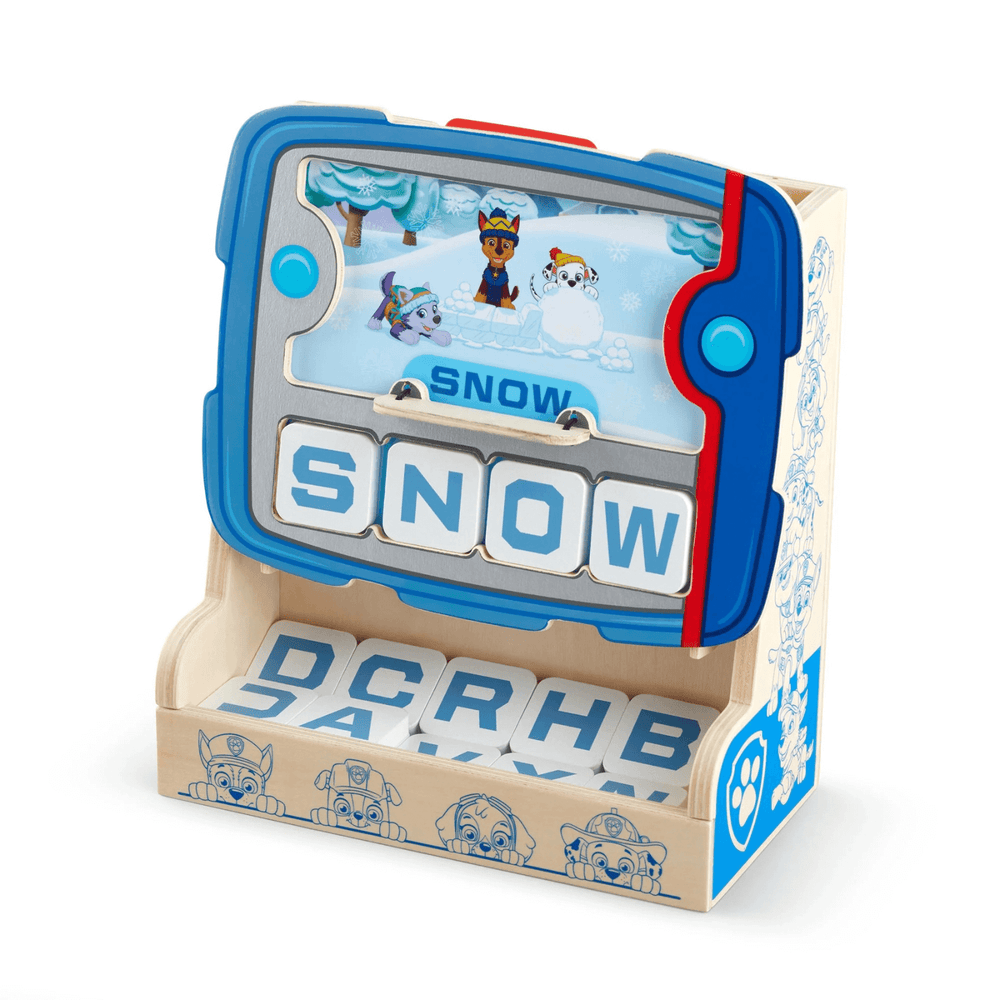 wooden pup pad on white background with tiles at the base in storage tray, 4 letter word 'snow' has been written to match the graphic card