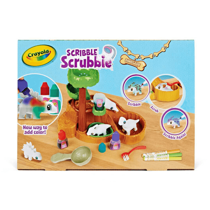 back view of box featuring whats included in dino waterfall set including colour drops, markers and scrub brush