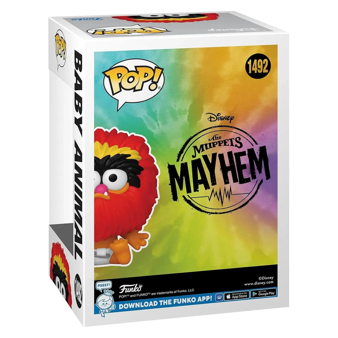 Funko Pop! packaging for Baby Animal from The Muppets Mayhem with colorful design and branding.