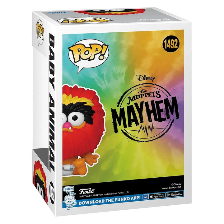Funko Pop! packaging for Baby Animal from The Muppets Mayhem with colorful design and branding.