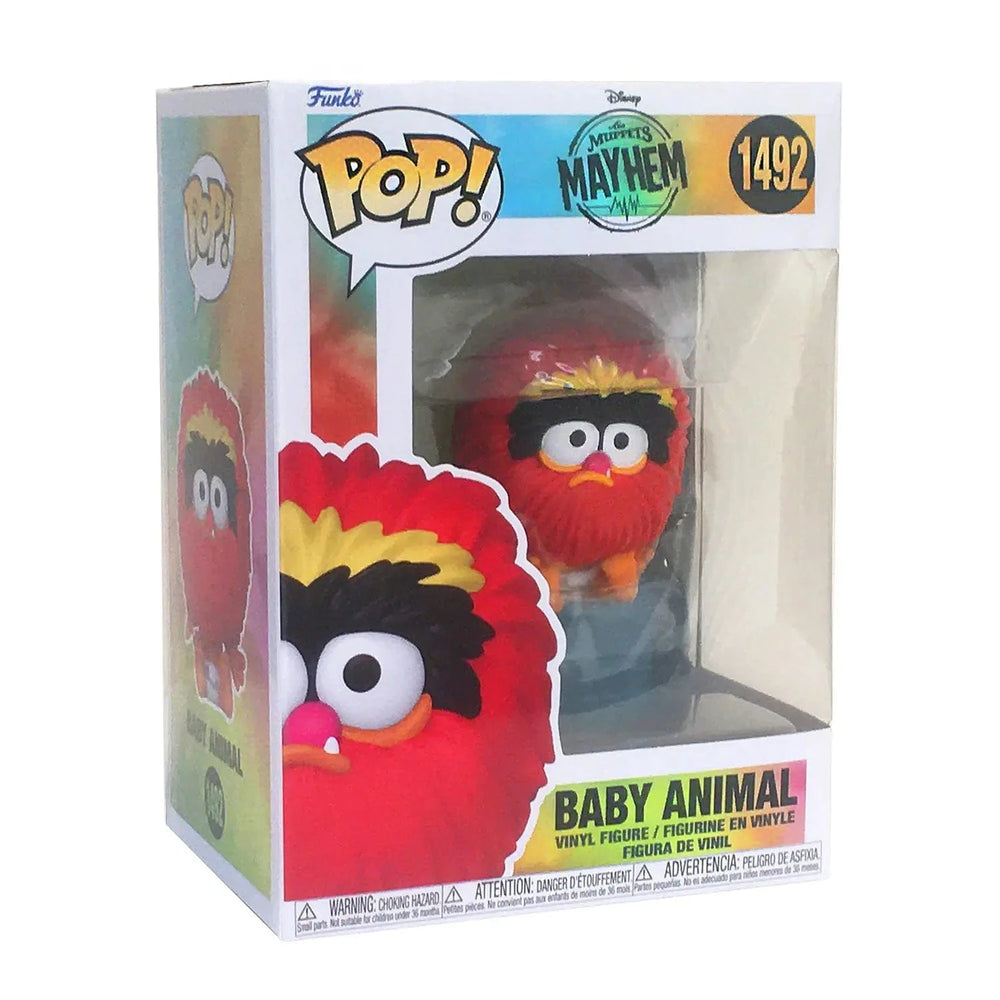 Funko Pop! packaging featuring a red character with yellow hair, Disney's Muppets Mayhem branding, and product number 1492.