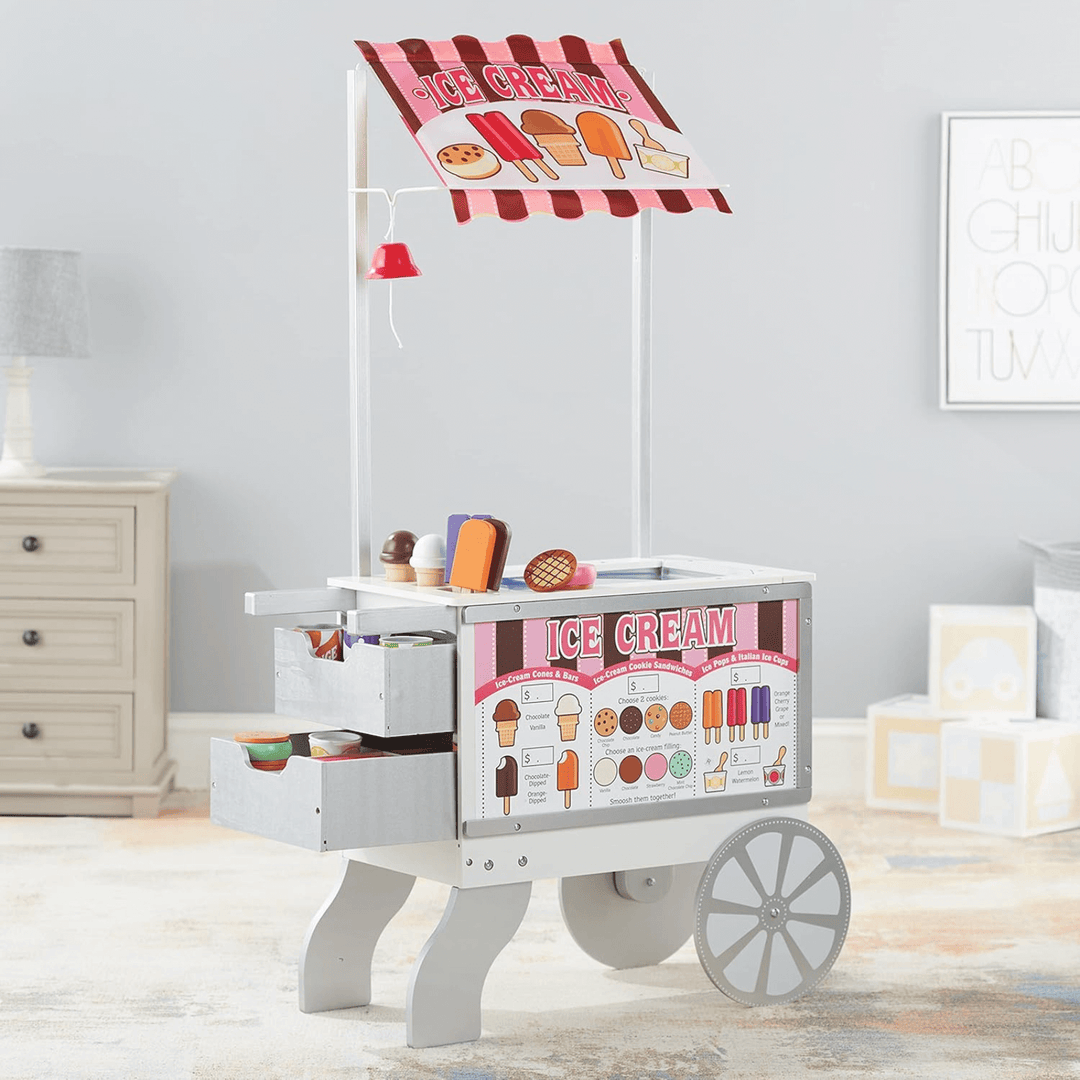 ice cream stand filled with sweets and snacks in kids bedroom with building blocks in background