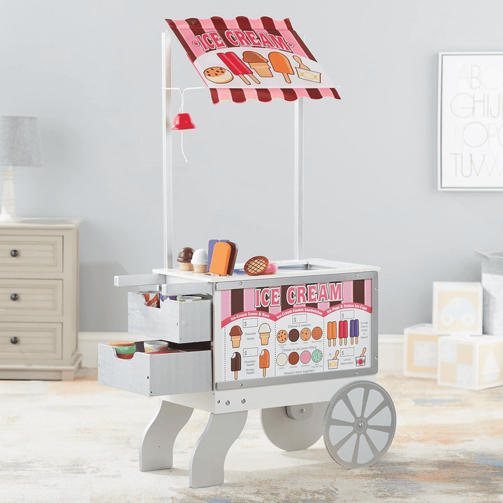 ice cream stand filled with sweets and snacks in kids bedroom with building blocks in background