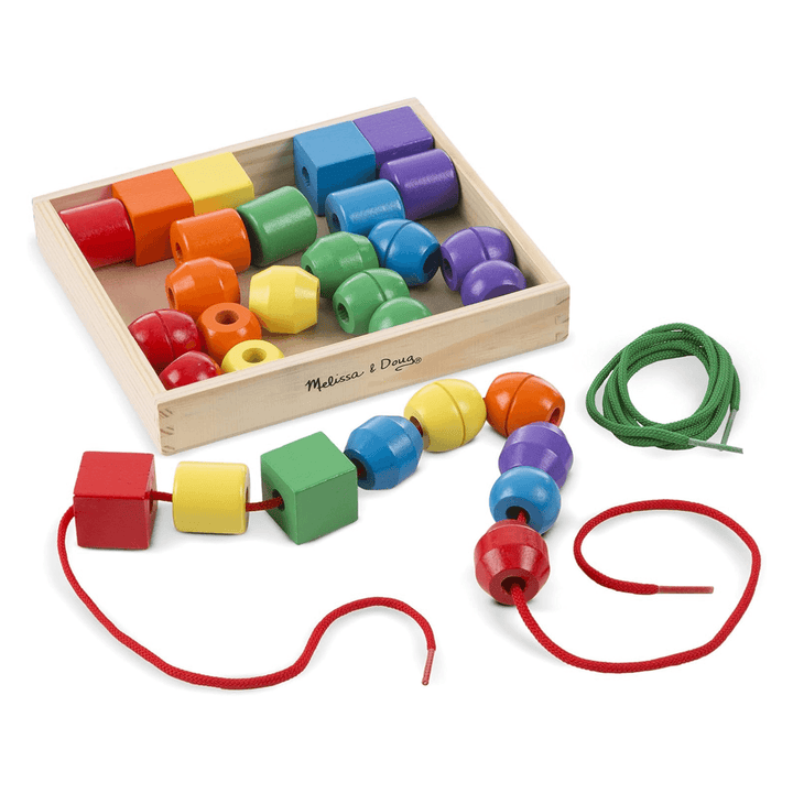 jumbo wooden lacing bead set with wooden storage box and colourful beads and laces on white background
