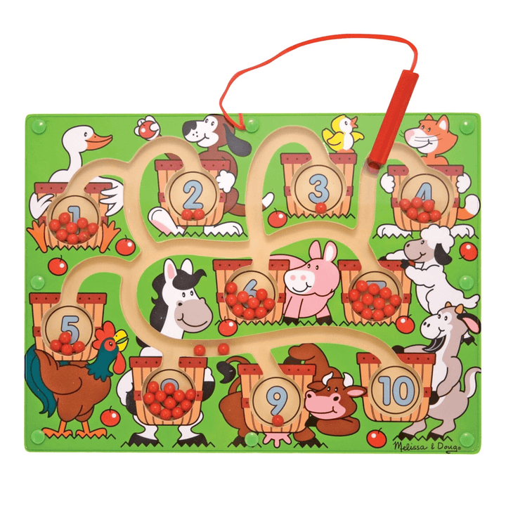 wooden puzzle maze with acrylic cover featuring far animals and a magnetic wand attached to the board