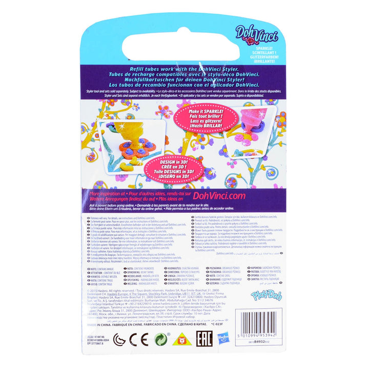 Back of a Doh Vinci Magic Sparkle refill tubes package, showing product details, instructions, and compatibility text on a white background.