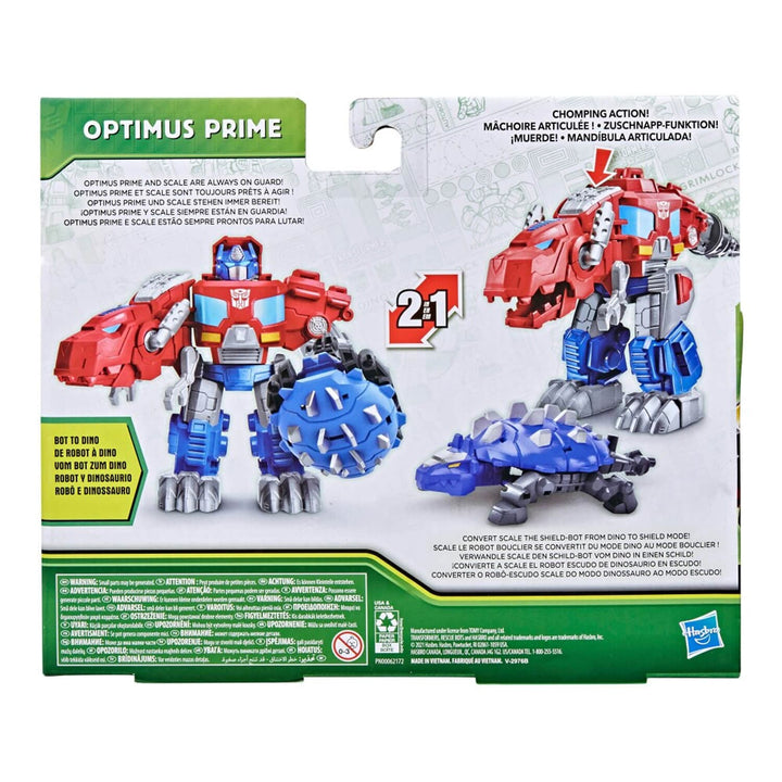 Back of the Transformers action figure pack showing Optimus Prime and Scale
