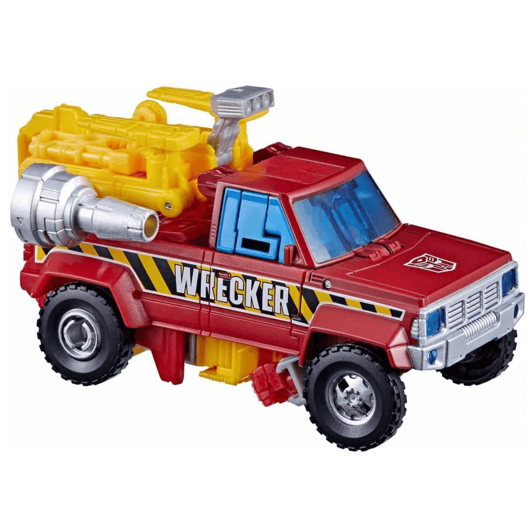 transformer truck with 'wrecker' text on side, black wheels, weapons and red finish