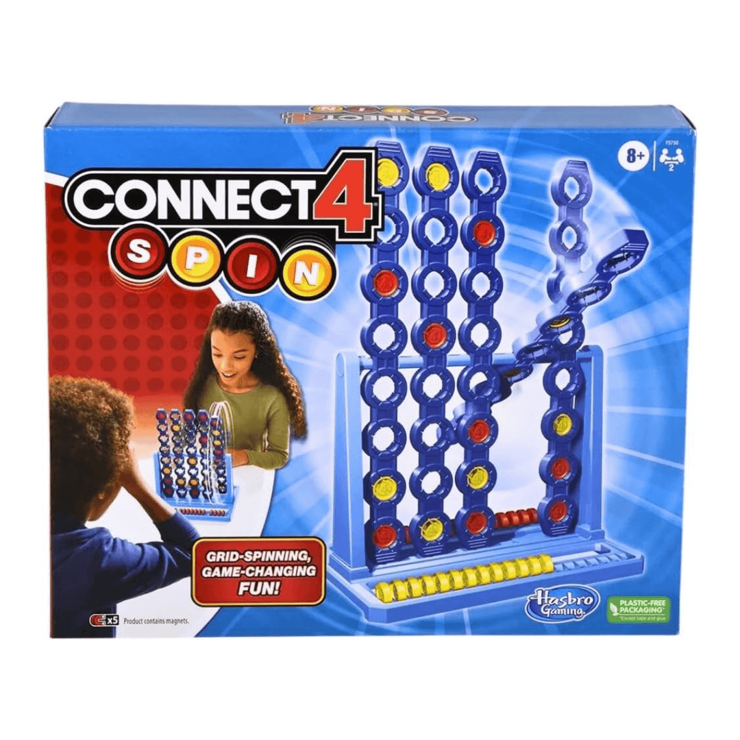connect 4 spin in blue coloured cardboard packaging with hasbro gaming logo on the front