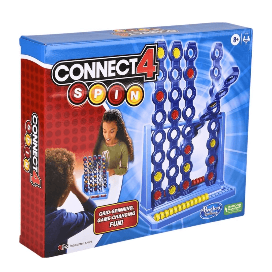 side view of connect 4 spin game packaging with gtaphic on front of grid spinning to change the outcome of the game