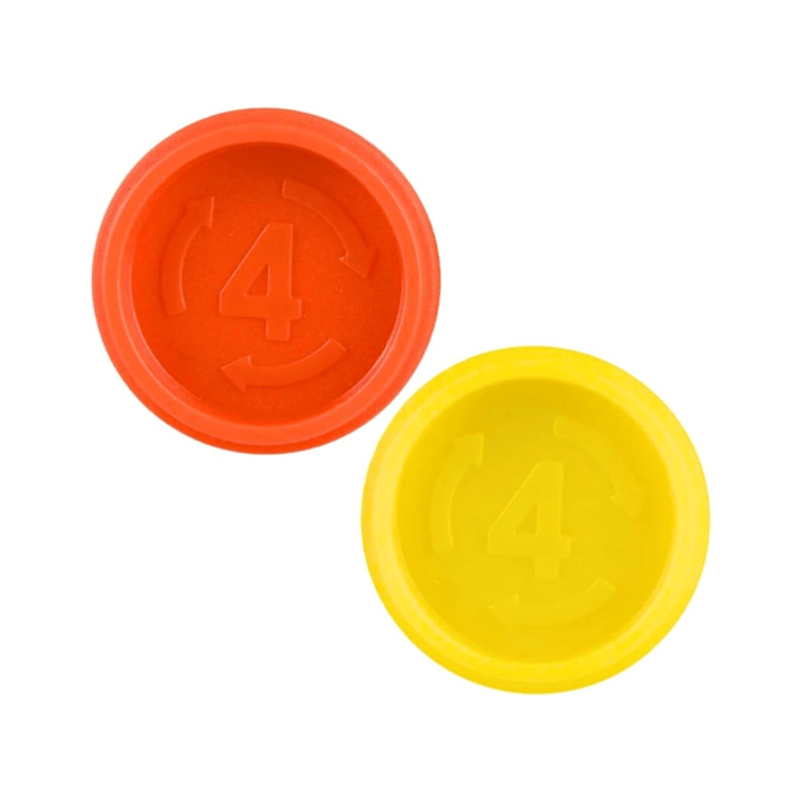 yellow and red coloured game pieces with number 4 and roation marks embossed on each one